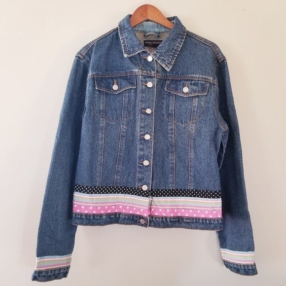 Vintage 90's Denim Jacket With Colourful Ribbon Details Size Medium Cotton - Picture 7 of 8